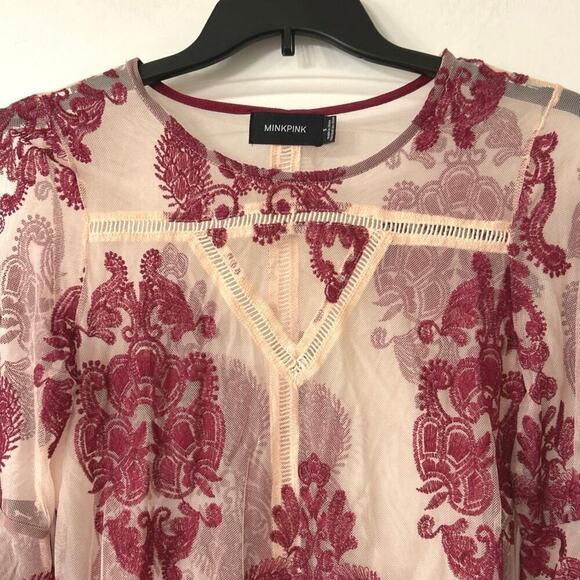 MINK PINK Sweetest Sound Sheer Mesh Embroidered Bell Sleeve Top Wine-Blush Sm - Picture 4 of 8